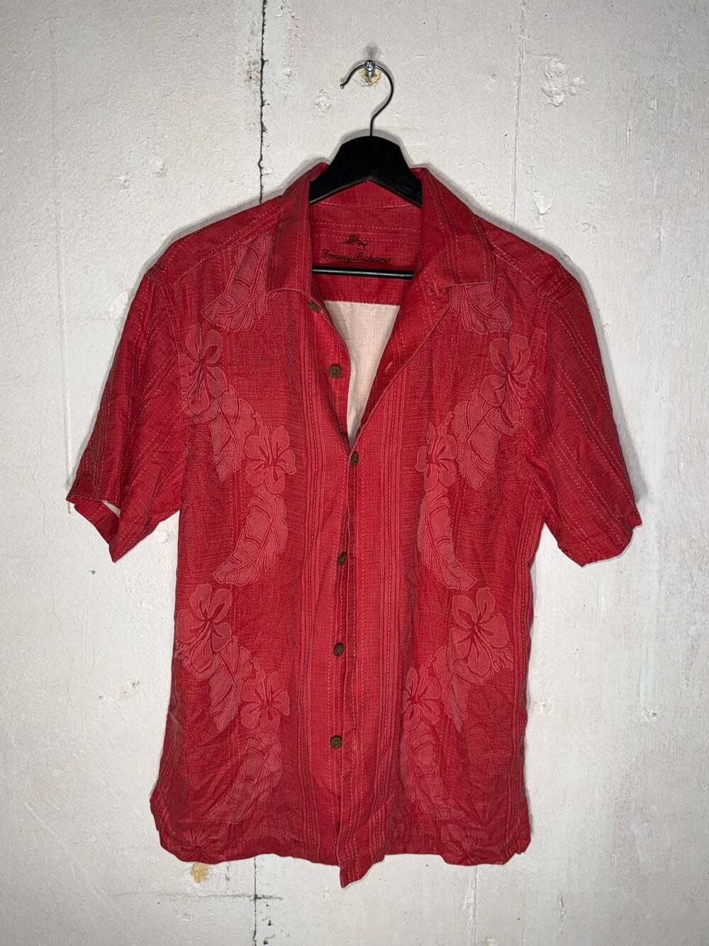 Tommy Bahama Men's Red Tahitian Border Embroidered Silk Camp Shirt